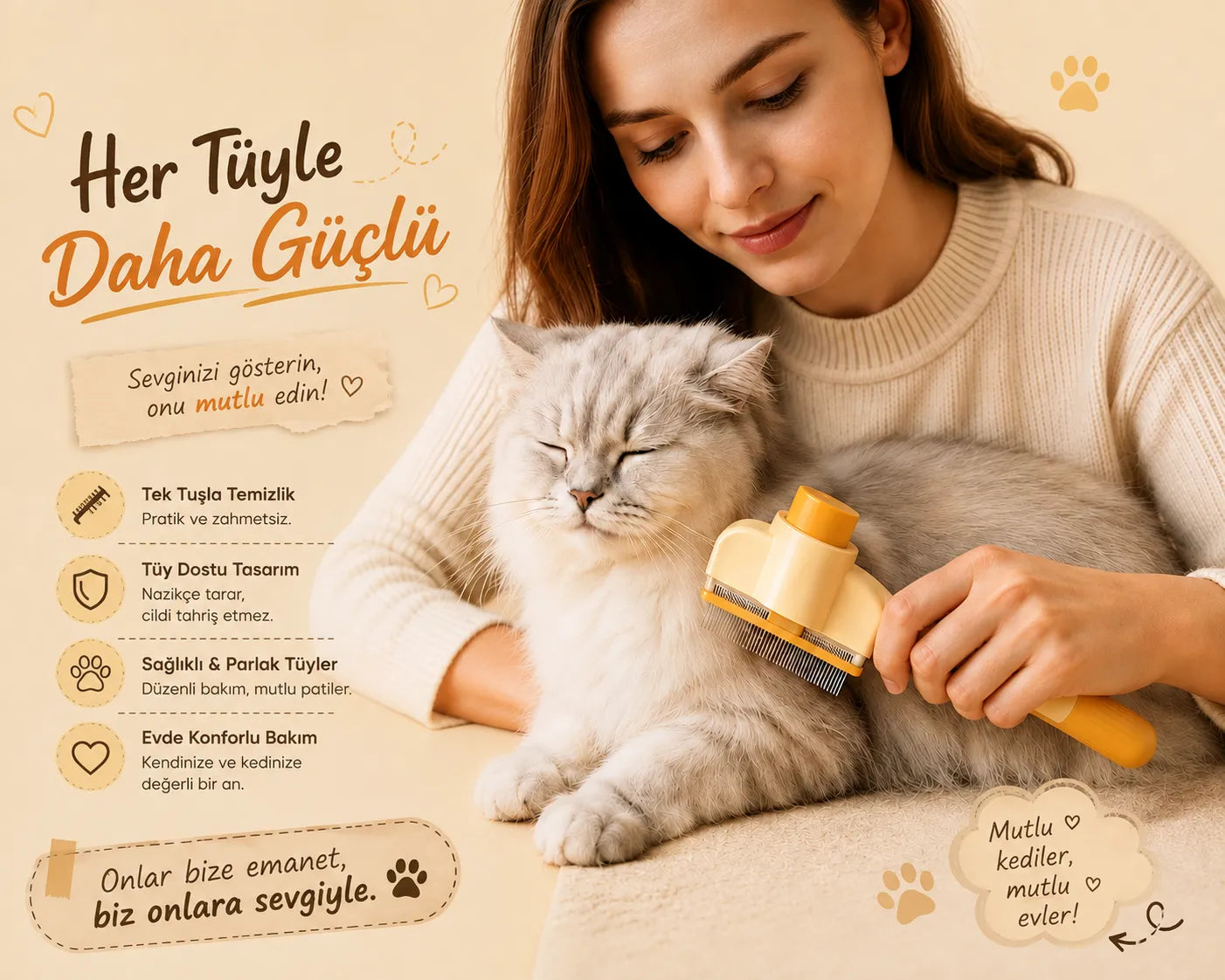 PufiCo Tek Tuşla Temizlenen Kedi Tarağı