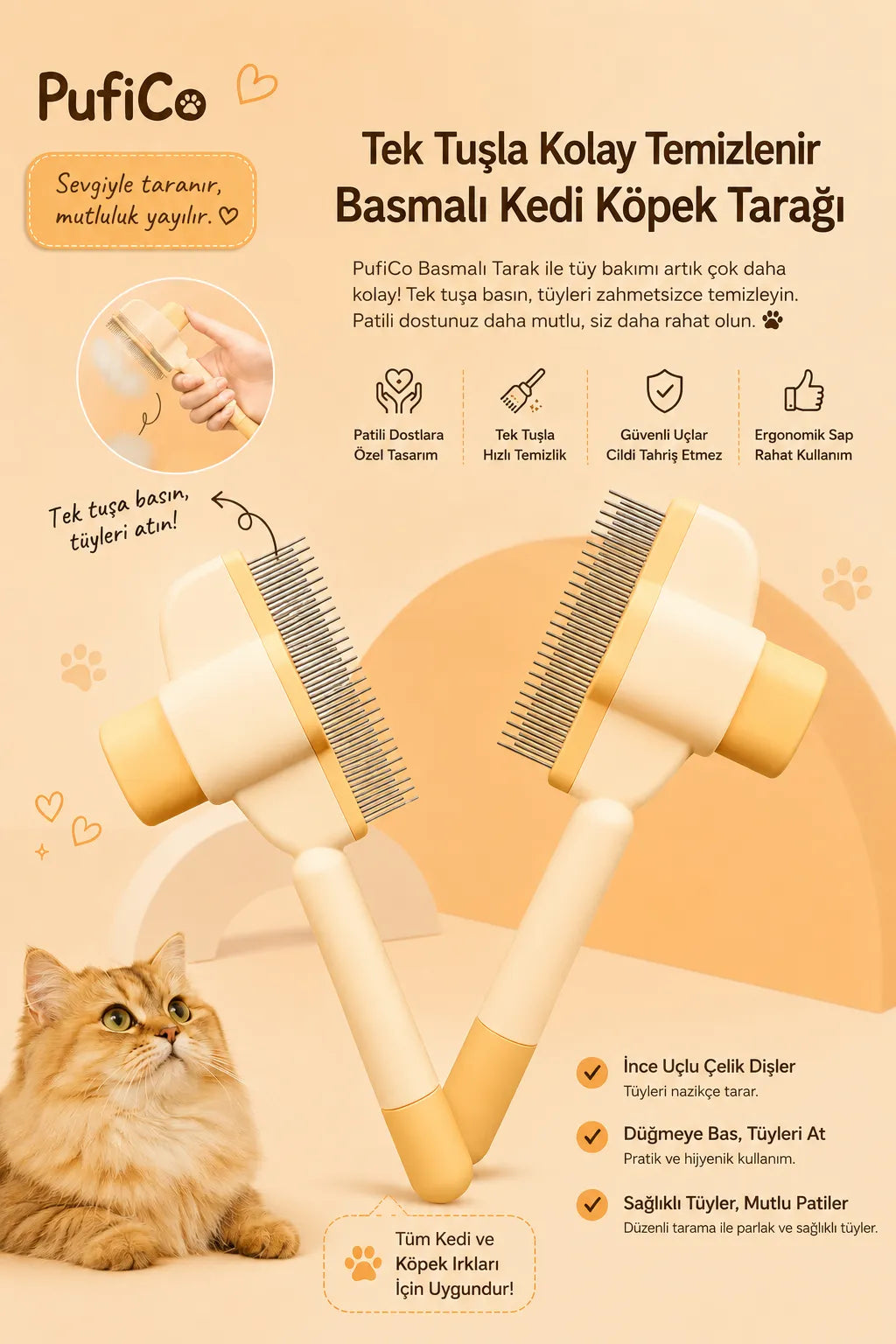 PufiCo Tek Tuşla Temizlenen Kedi Tarağı