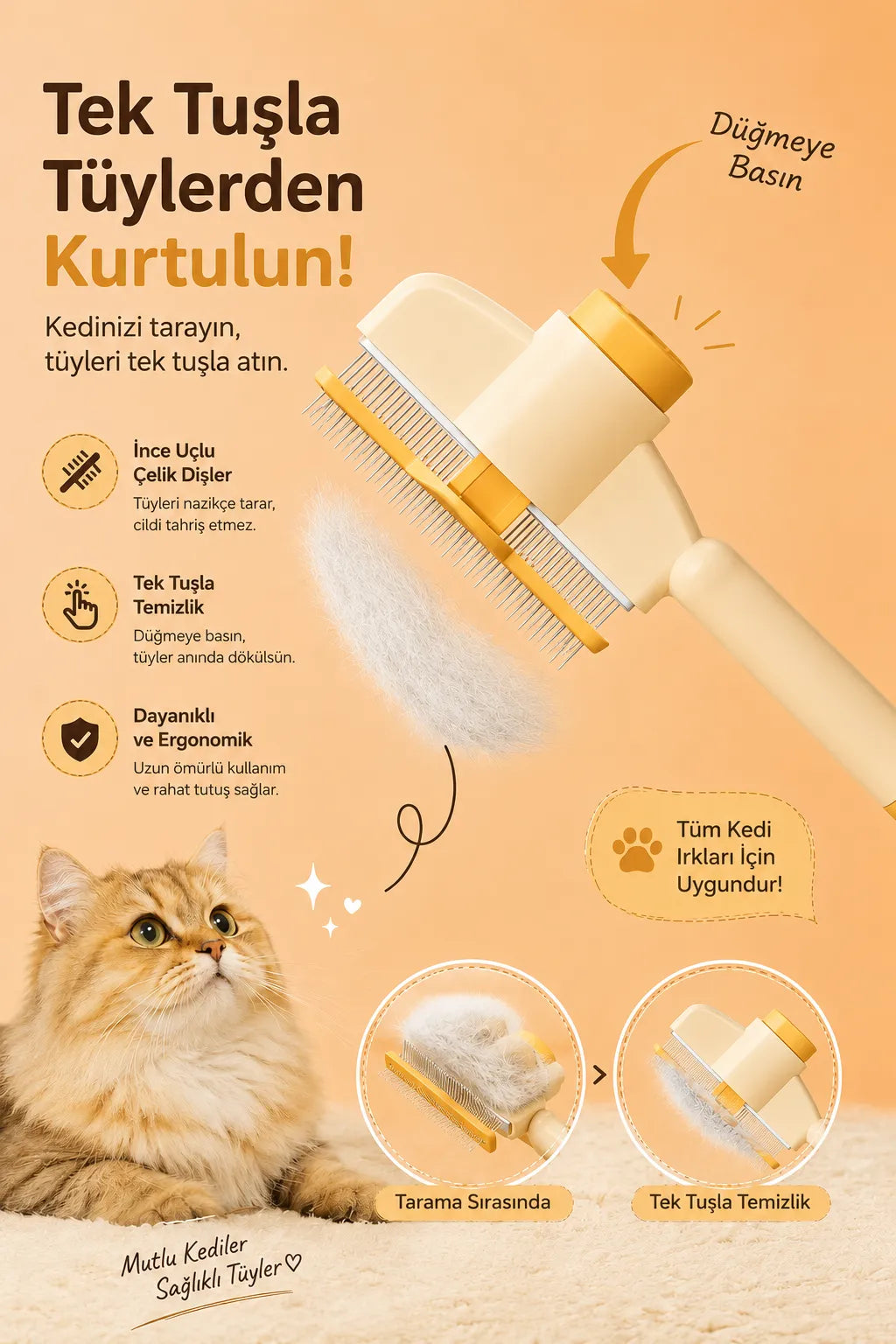 PufiCo Tek Tuşla Temizlenen Kedi Tarağı